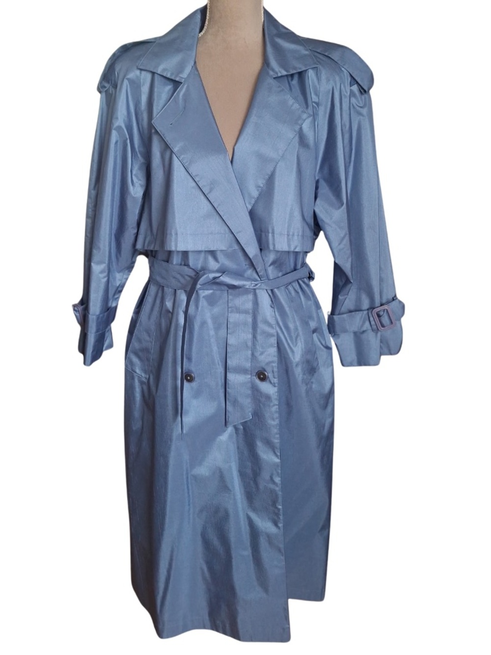 Vintage British Mist Metallic Blue Fully Lined Trench Coat Raincoat Sz 8P